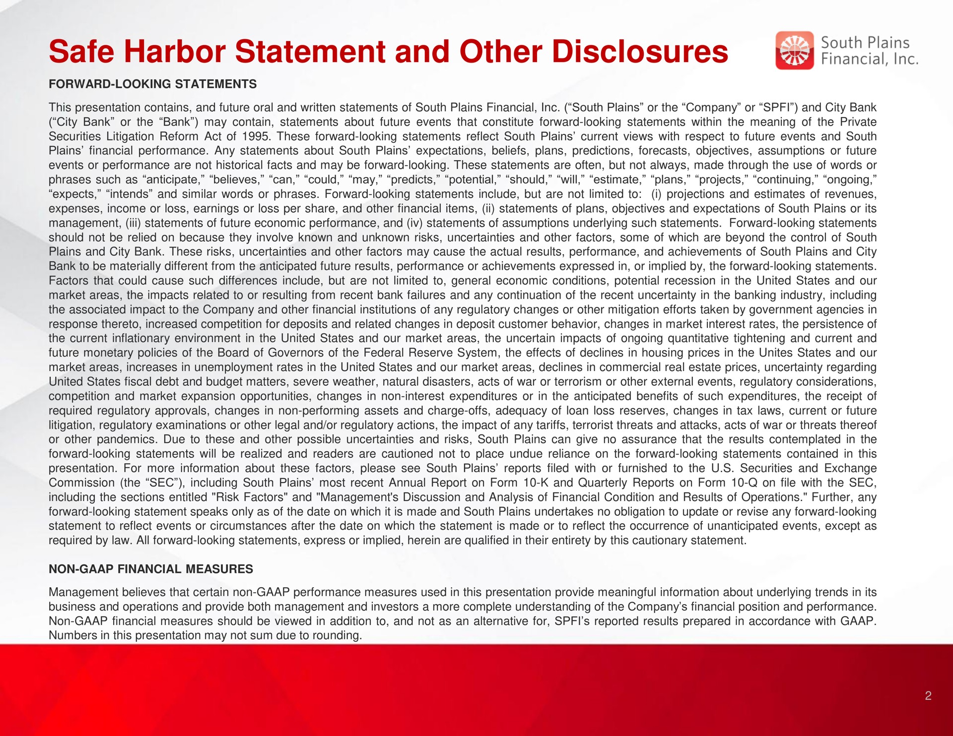 safe harbor statement and other disclosures bag | South Plains Financial