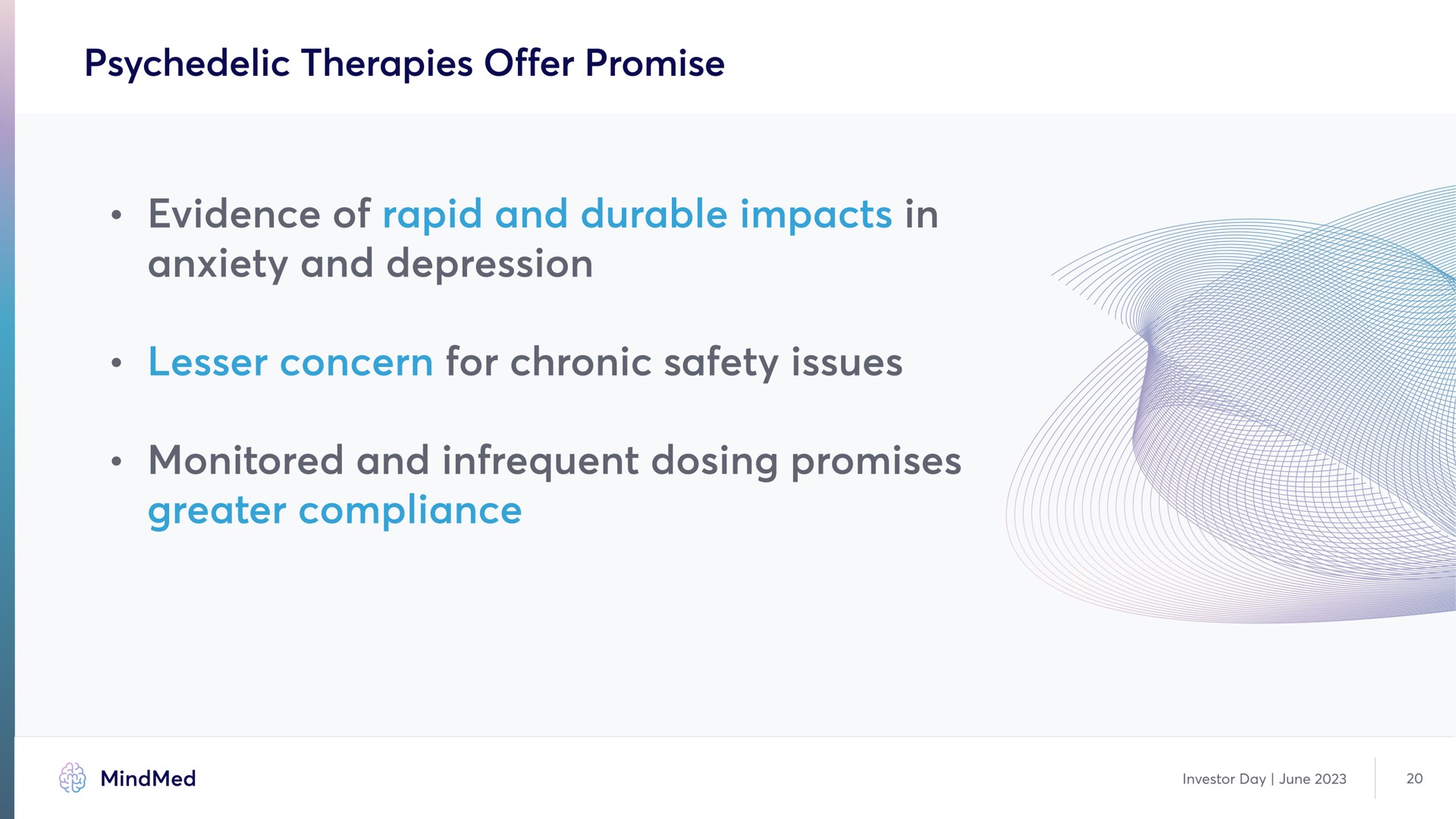 therapies offer promise evidence of rapid and durable impacts in anxiety and depression lesser concern for chronic safety issues monitored and infrequent dosing promises greater compliance | MindMed