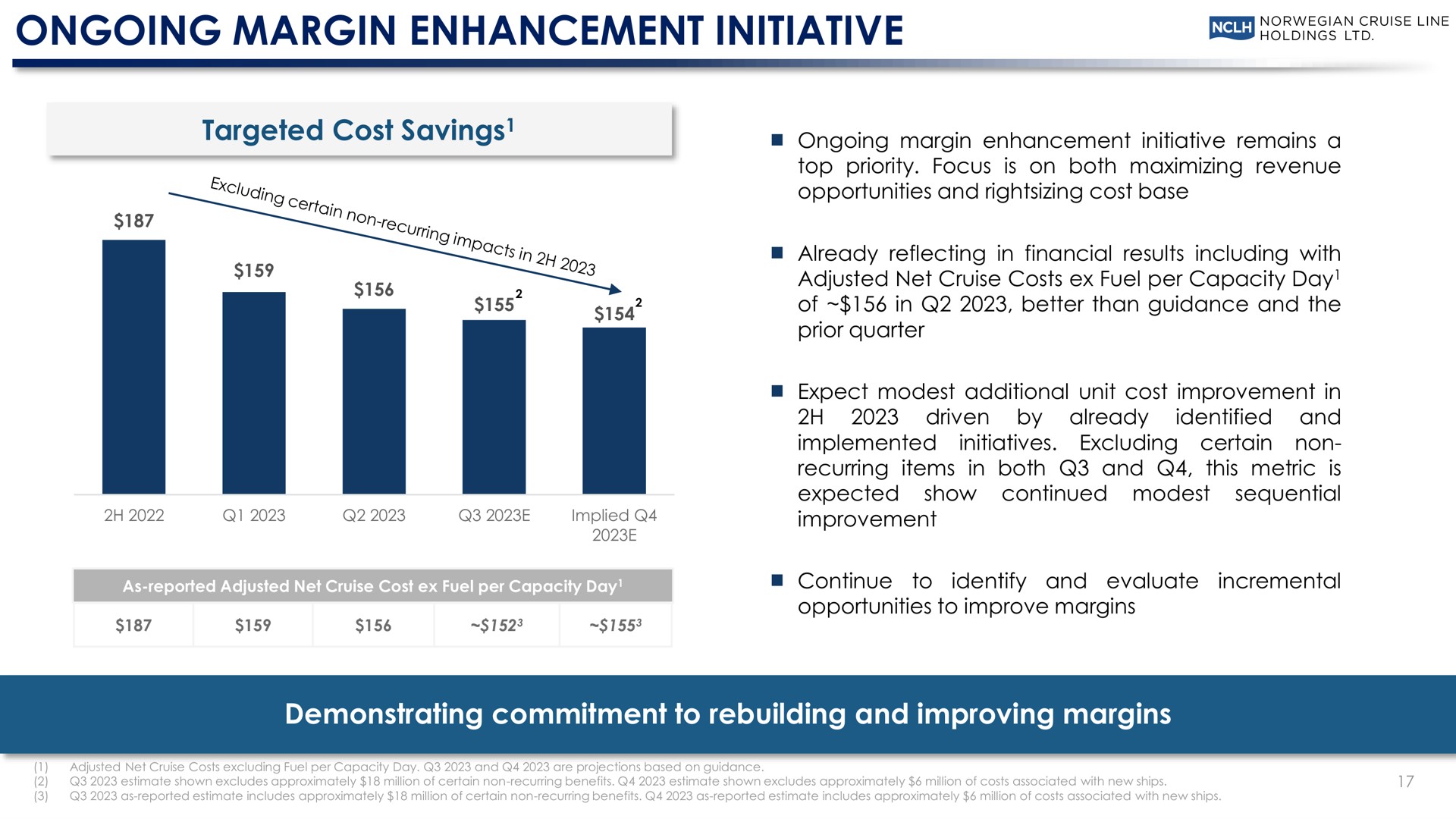 ongoing margin enhancement initiative targeted cost savings demonstrating commitment to rebuilding and improving margins tad | Norwegian Cruise Line