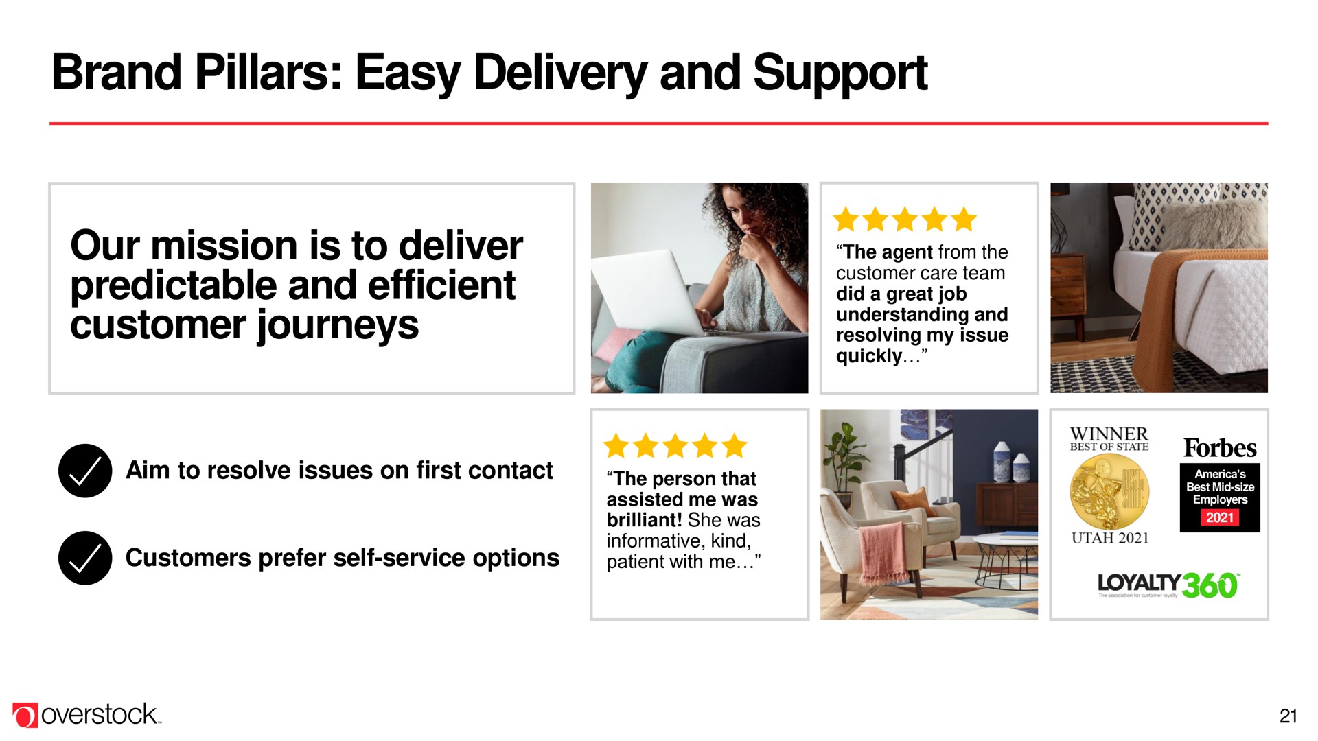 brand pillars easy delivery and support our mission is to deliver predictable and efficient customer journeys | Overstock