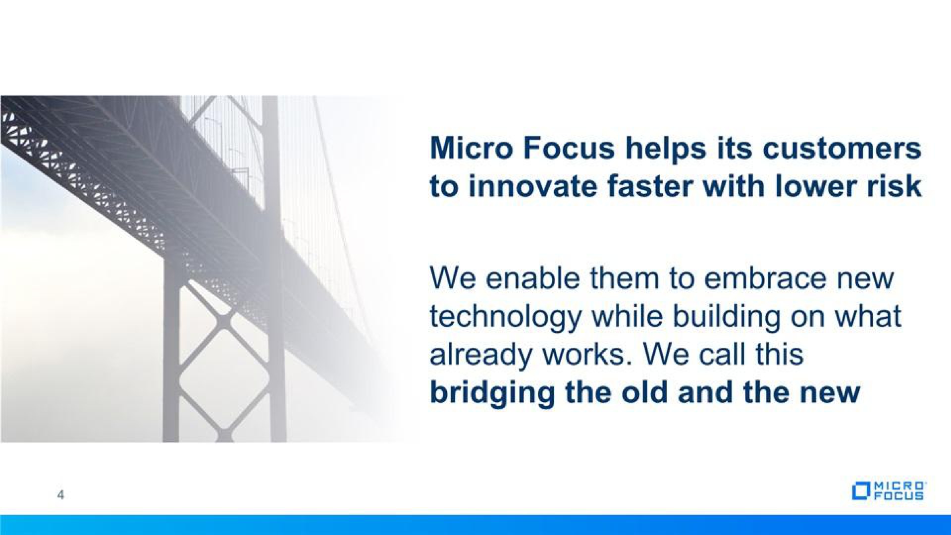 micro focus helps its customers to innovate faster with lower risk we enable them to embrace new technology while building on what already works we call this bridging the old and the new | Micro Focus