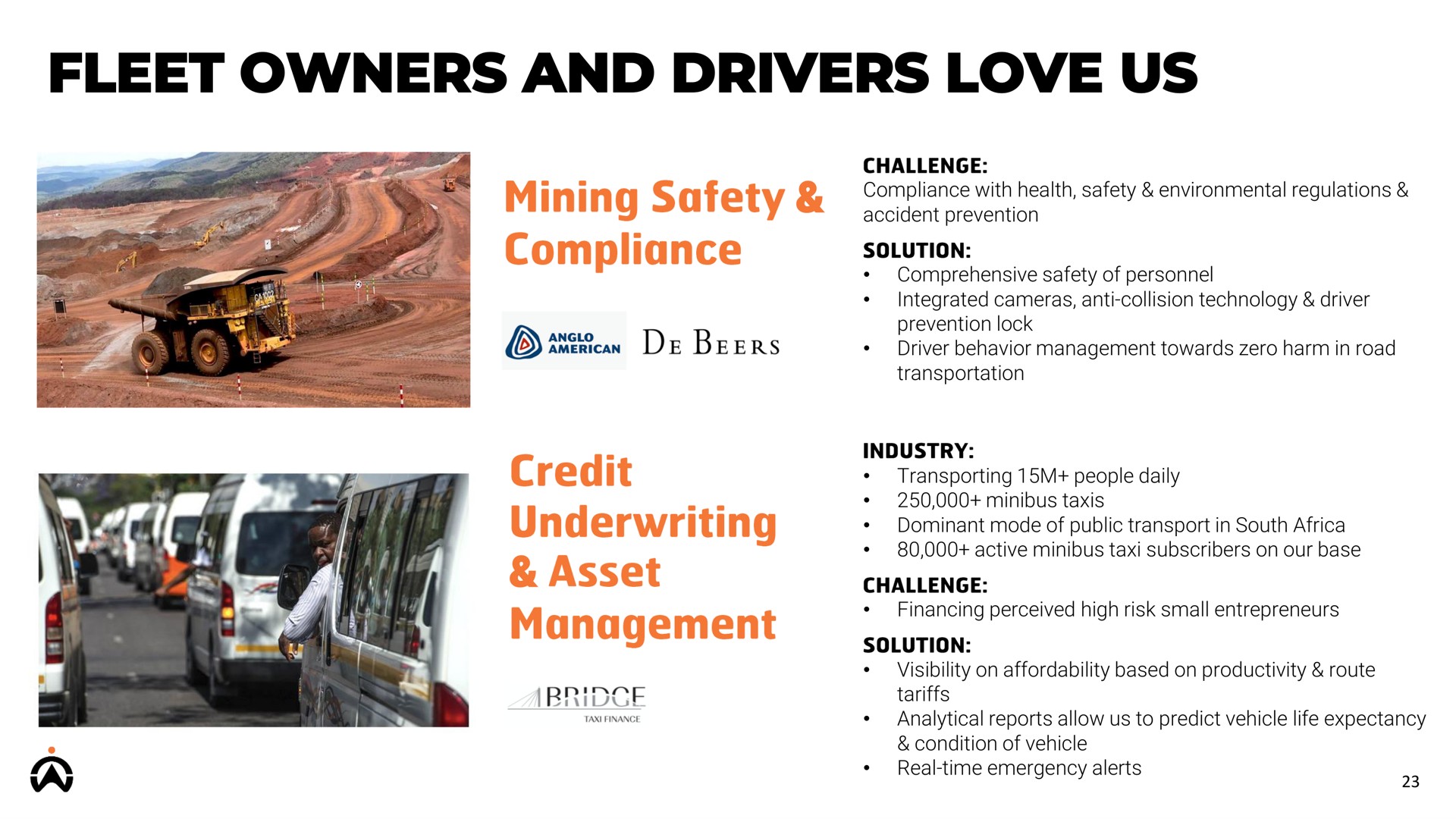 fleet owners and drivers love us mining safety compliance beers credit underwriting asset management | Karooooo