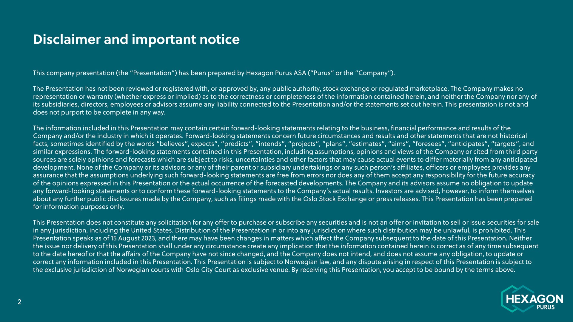 disclaimer and important notice | Hexagon Purus