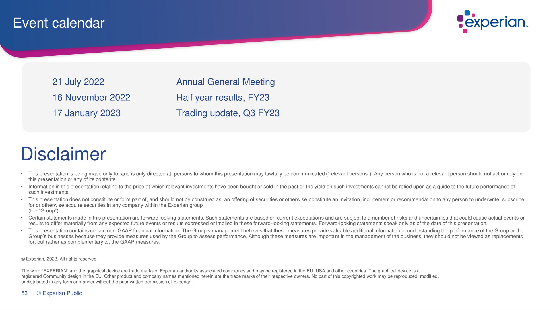 event calendar annual general meeting half year results trading update disclaimer | Experian