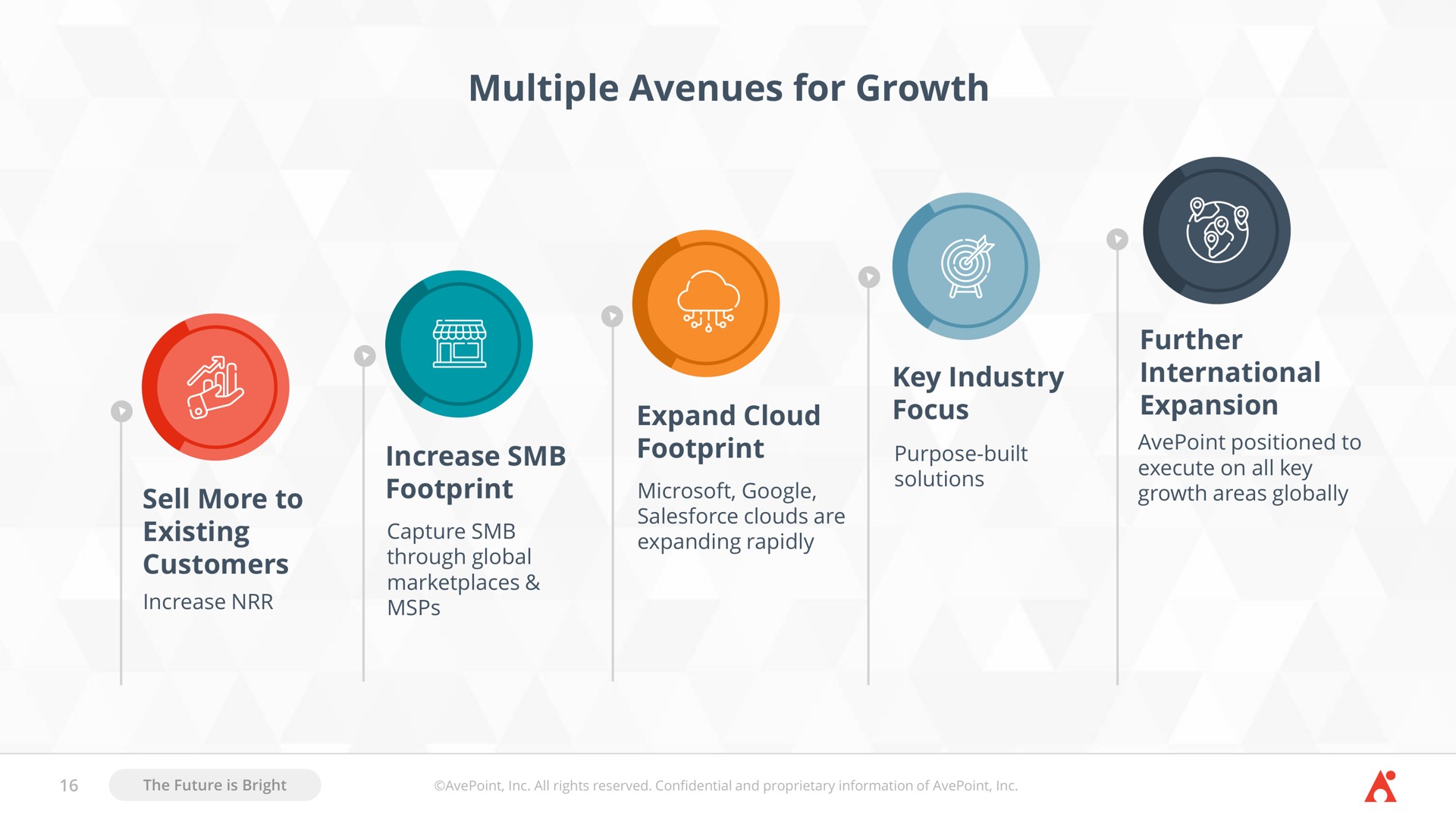 multiple avenues for growth sell more to existing customers increase footprint expand cloud footprint key industry focus further international expansion a purpose built expanding rapidly a through global | AvePoint