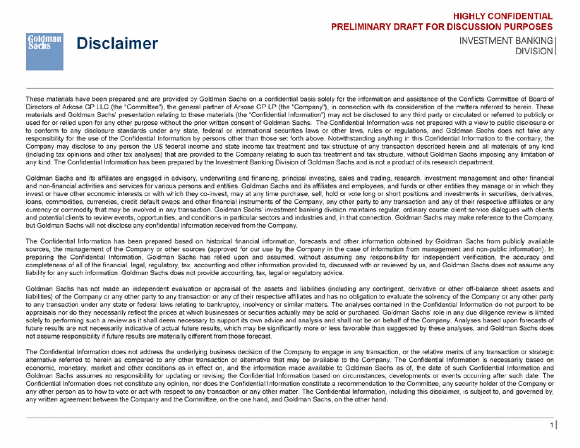 to disclaimer investment banking | Goldman Sachs