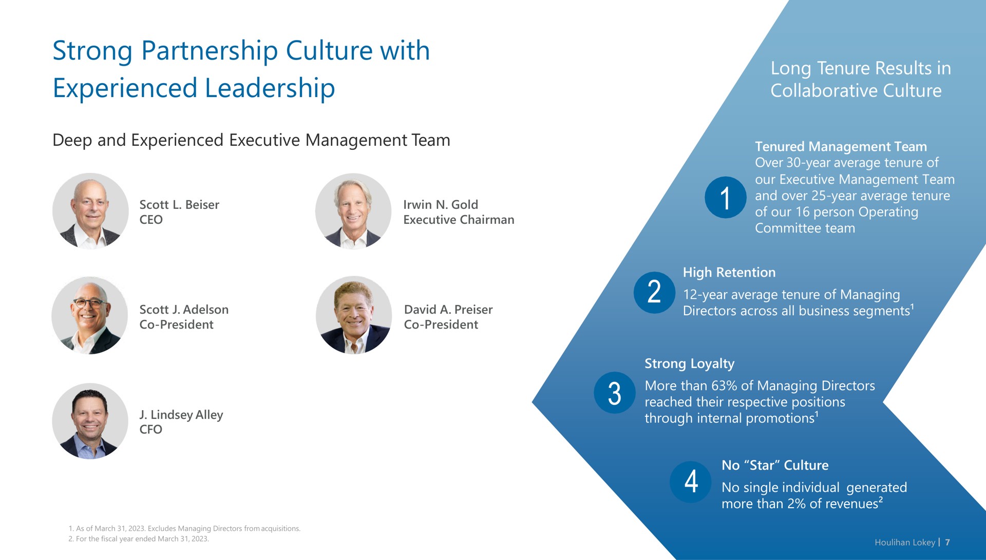 strong partnership culture with experienced leadership deep and experienced executive management team long tenure results in collaborative culture | Houlihan Lokey