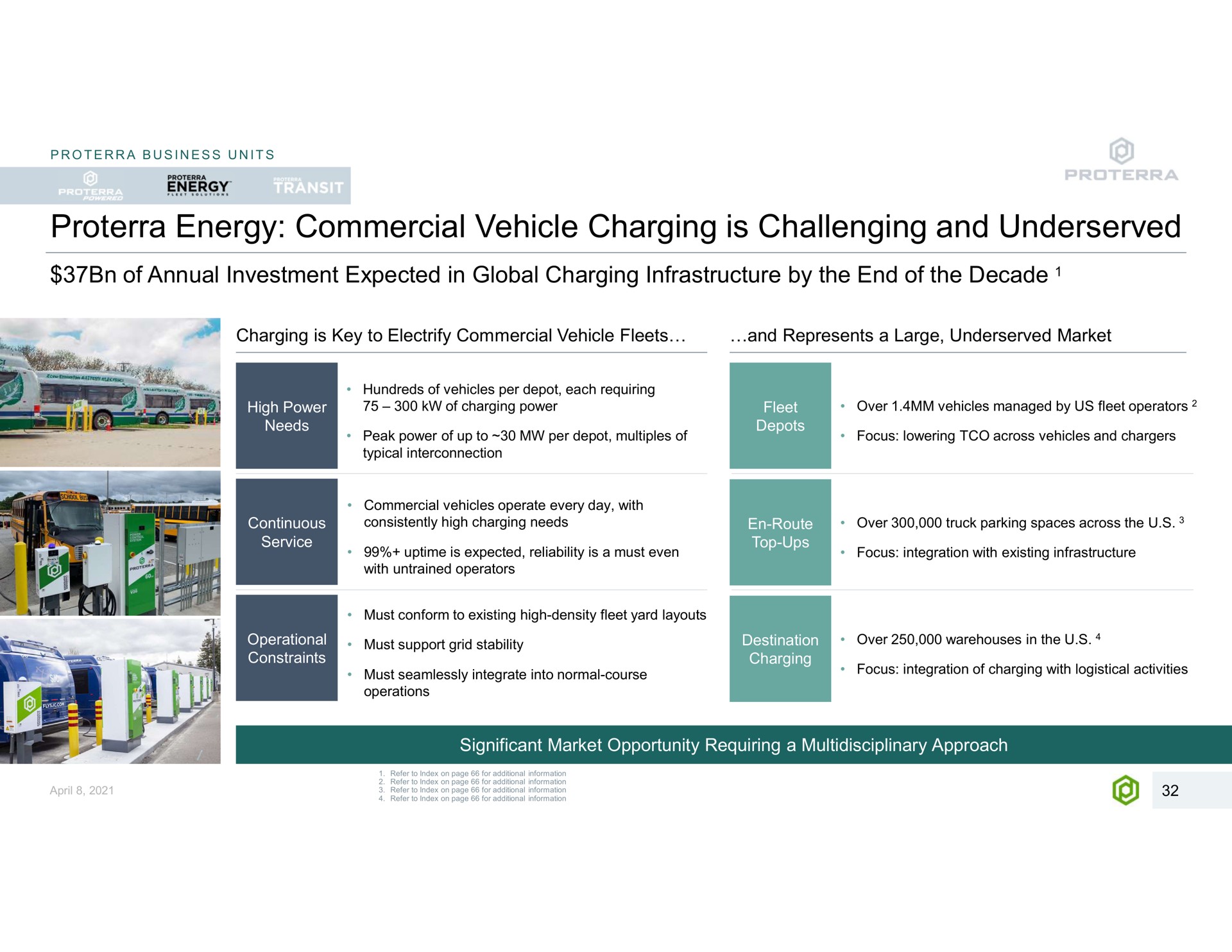 energy commercial vehicle charging is challenging and business units of annual investment expected in global infrastructure by the end of the decade a key to electrify fleets represents a large market needs hundreds of vehicles per depot each requiring of power peak power of up to per depot multiples of typical interconnection continuous service vehicles operate every day with consistently high needs expected reliability a must even with untrained operators must conform to existing high density fleet yard layouts must support grid stability las must seamlessly integrate into normal course by over vehicles managed by us fleet operators focus lowering across vehicles chargers over truck parking spaces across the focus integration with existing infrastructure over warehouses in the focus integration of with logistical activities sas operations significant market opportunity requiring a approach refer to index on page for additional information refer to index on page for additional information refer to index on page for additional information refer to index on page for additional information | Proterra