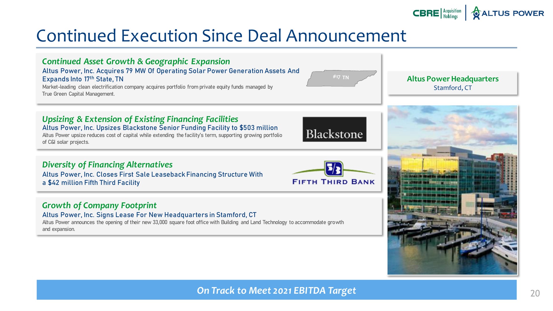 continued execution since deal announcement on track to meet target power extension of existing financing facilities asset growth geographic expansion growth of company footprint diversity of financing alternatives | Altus Power