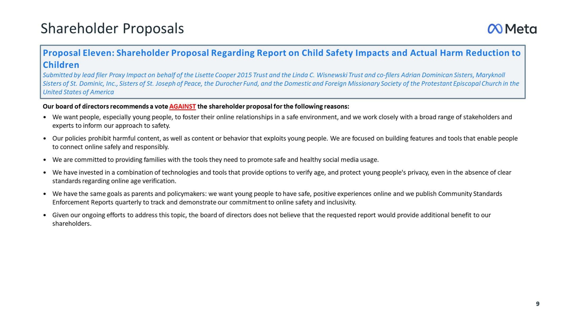 shareholder proposals meta proposal eleven shareholder proposal regarding report on child safety impacts and actual harm reduction to children | Meta