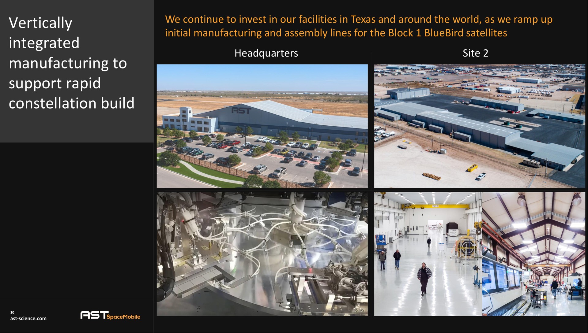 we continue to invest in our facilities in and around the world as we ramp up initial manufacturing and assembly lines for the block bluebird satellites headquarters site vertically integrated manufacturing to support rapid constellation build | AST SpaceMobile