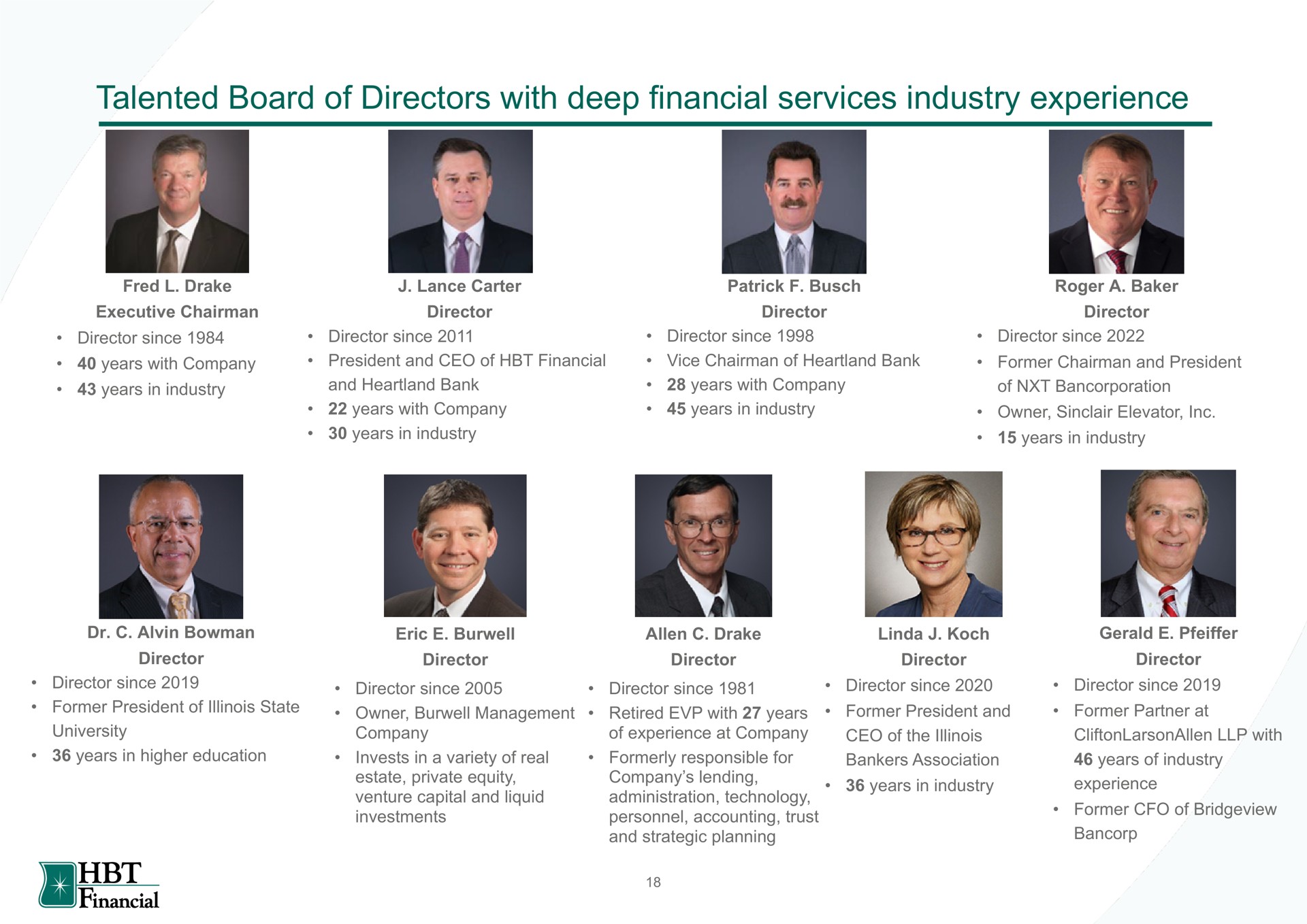 talented board of directors with deep financial services industry experience | HBT Financial