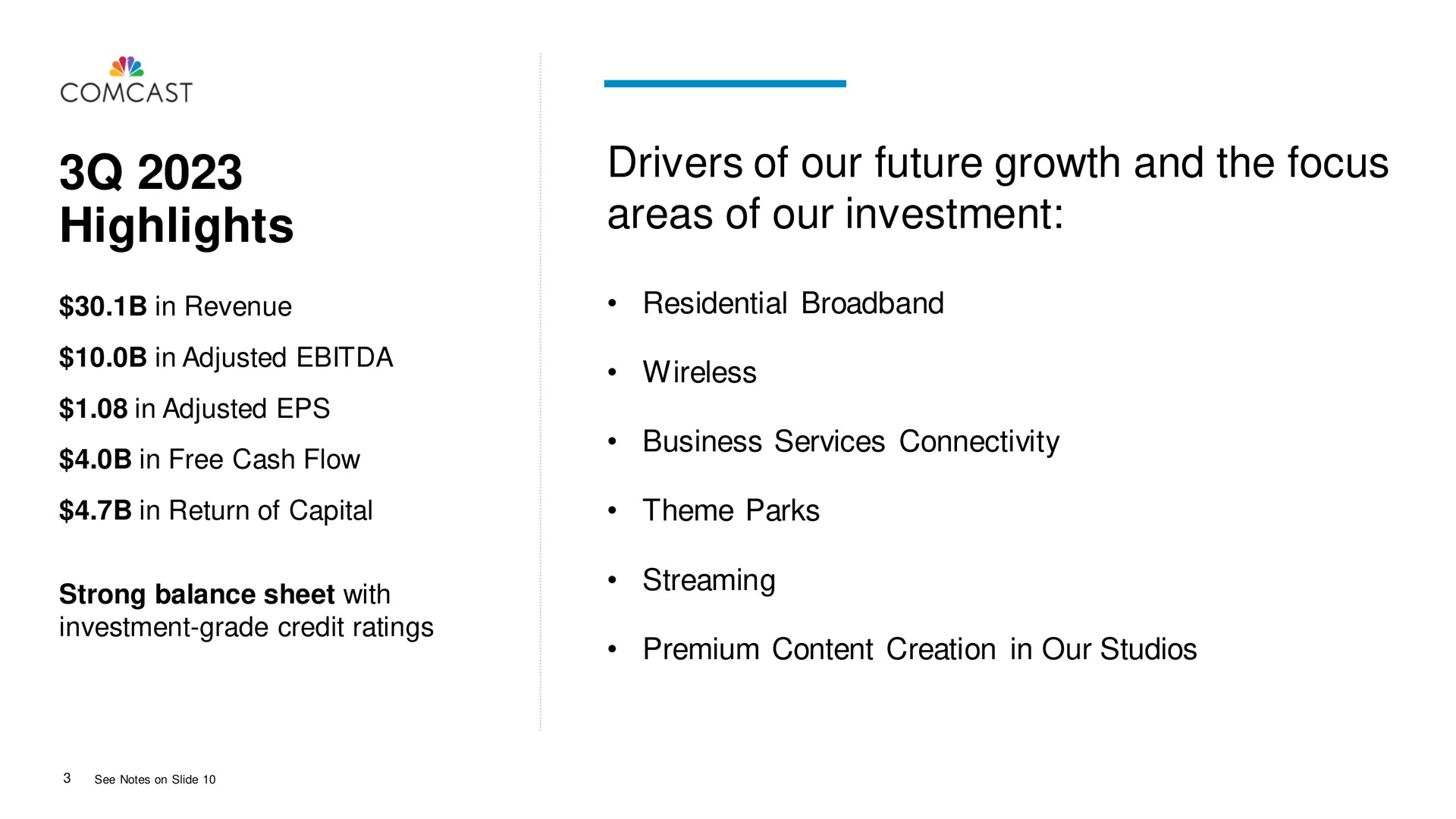 highlights drivers of our future growth and the focus areas of our investment residential wireless business services connectivity theme parks streaming premium content creation in our studios revenue adjusted adjusted strong balance sheet with investment grade credit ratings | Comcast