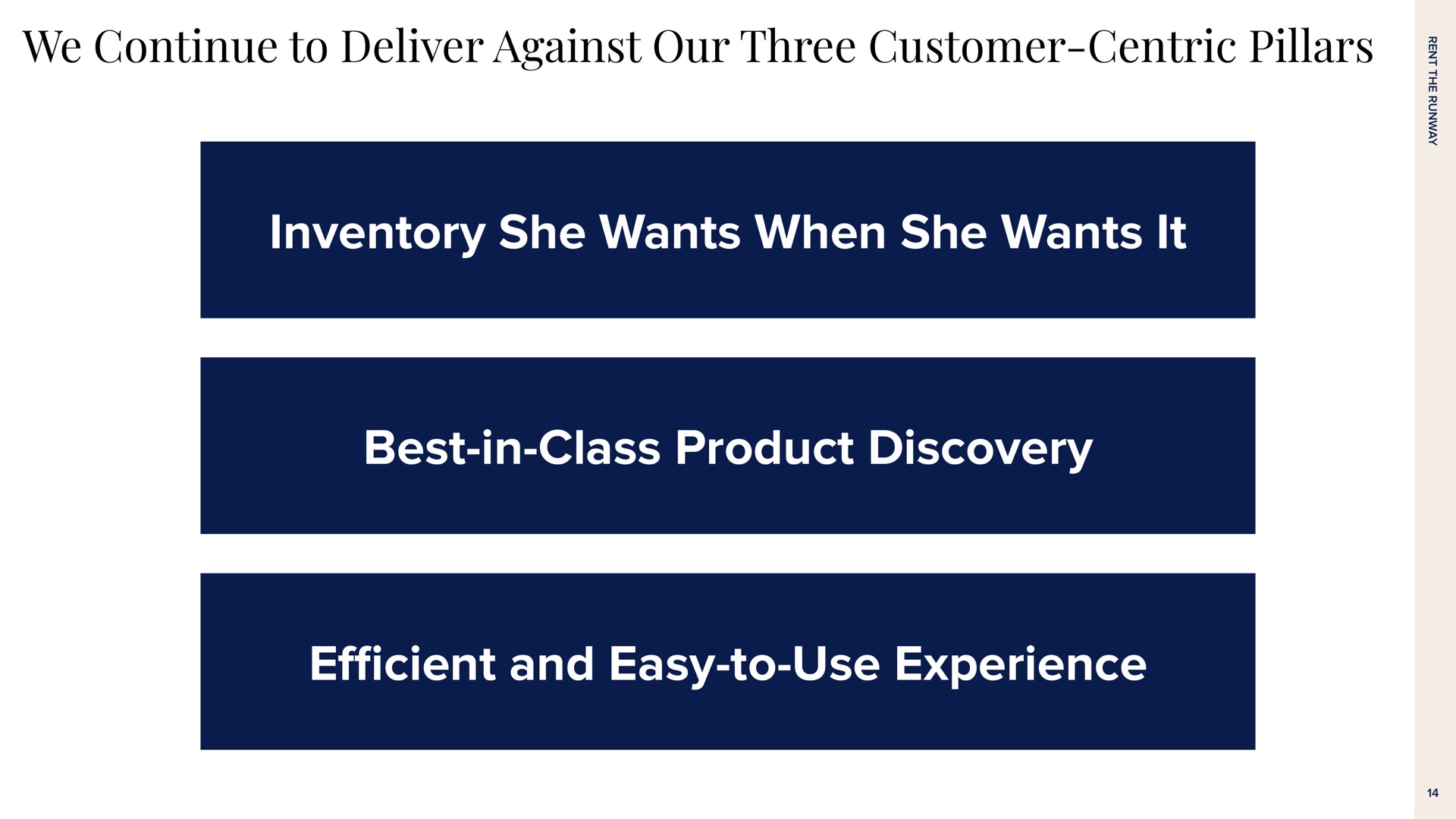 we continue to deliver against our three customer centric pillars inventory she wants when she wants it best in class product discovery and easy to use experience efficient | Rent The Runway