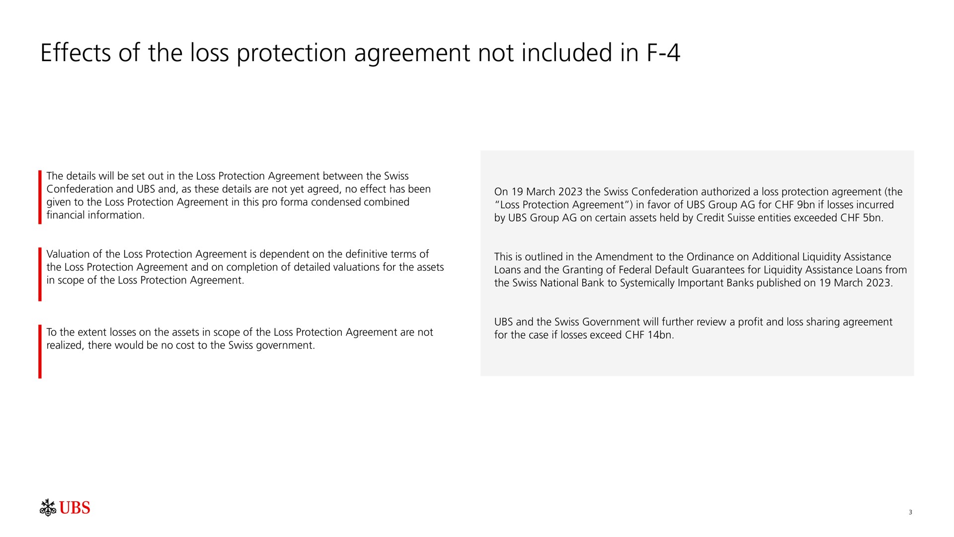 effects of the loss protection agreement not included in | UBS