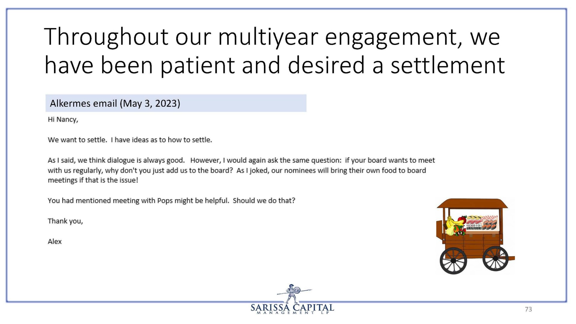 throughout our engagement we have been patient and desired a settlement | Sarissa Capital
