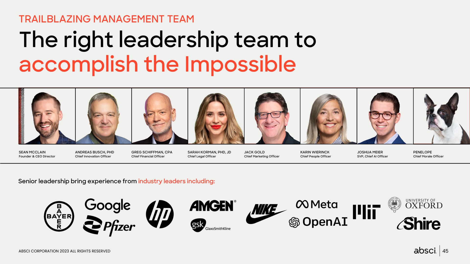 the right leadership team to accomplish the impossible meta open am shire | Absci