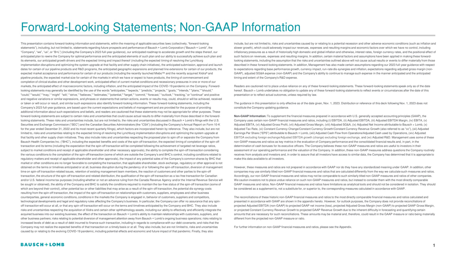 forward looking statements non information | Bausch+Lomb