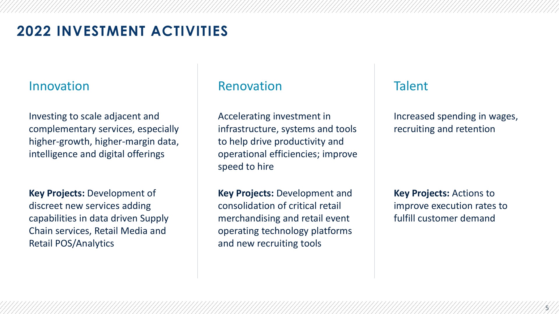 investment activities innovation renovation talent investing to scale adjacent and complementary services especially higher growth higher margin data intelligence and digital offerings key projects development of discreet new services adding capabilities in data driven supply chain services retail media and retail pos analytics accelerating investment in infrastructure systems and tools to help drive productivity and operational efficiencies improve speed to hire key projects development and consolidation of critical retail merchandising and retail event operating technology platforms and new recruiting tools increased spending in wages recruiting and retention key projects actions to improve execution rates to fulfill customer demand | Advantage Solutions