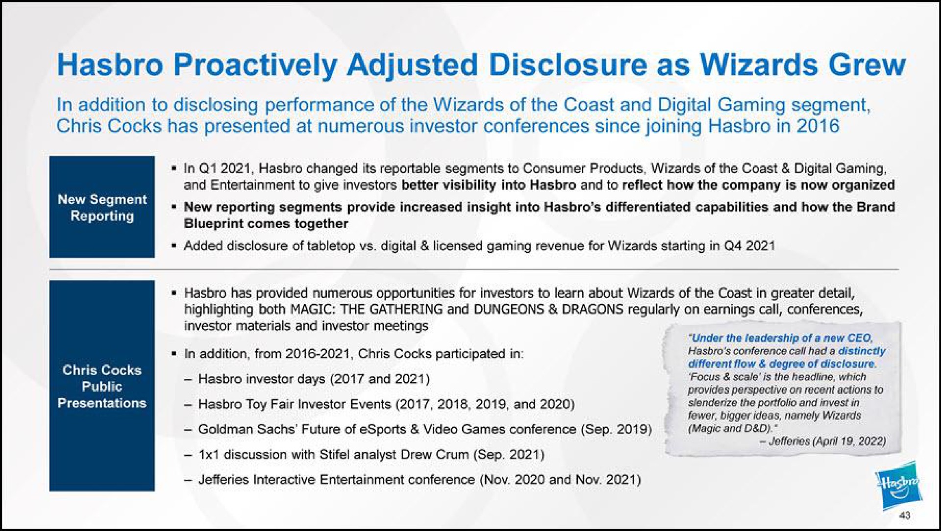 adjusted disclosure as wizards grew in addition to disclosing performance of the wizards of the coast and digital gaming segment cocks has presented at numerous investor conferences since joining in | Hasbro