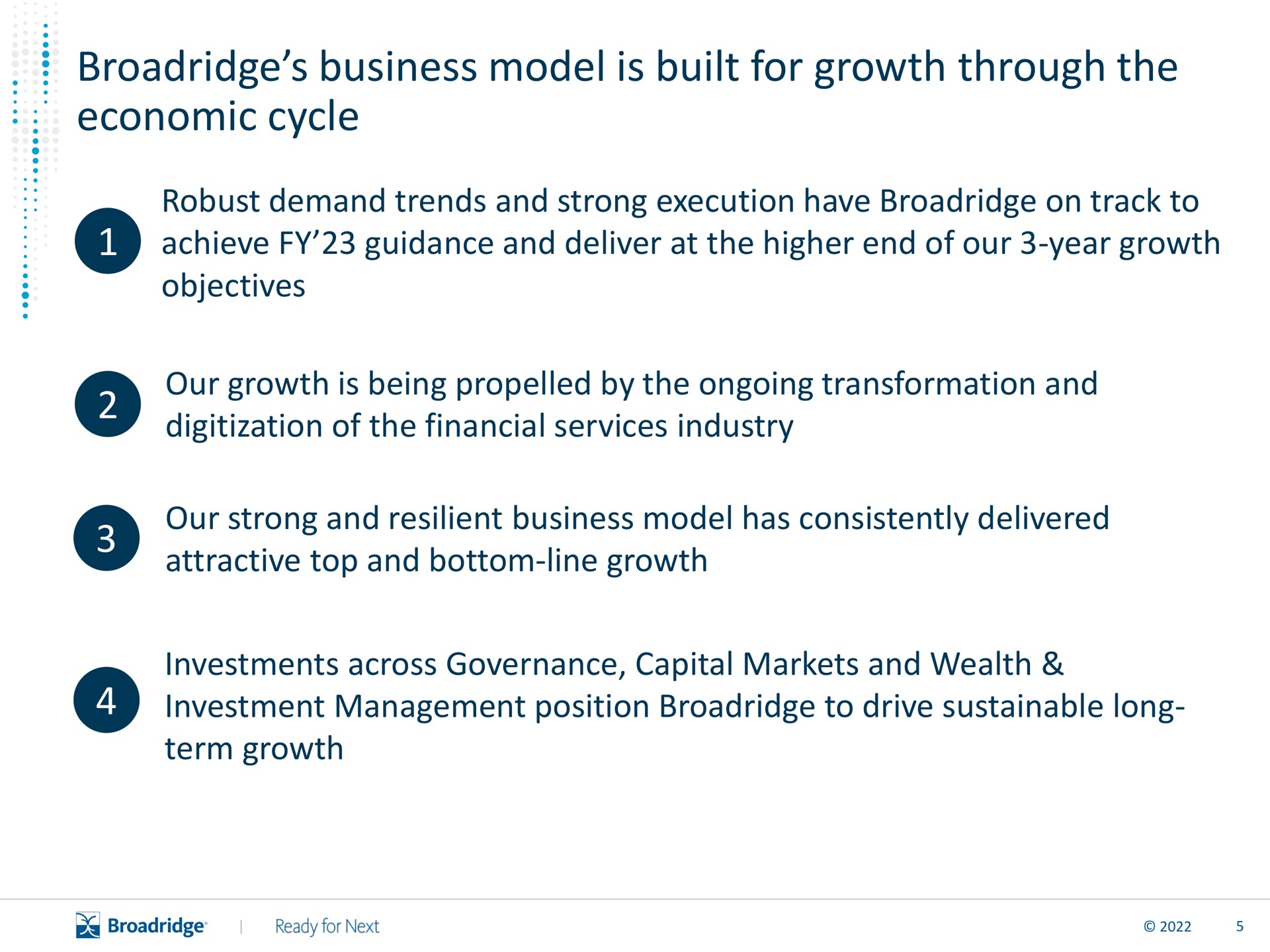 business model is built for growth through the economic cycle robust demand trends and strong execution have on track to achieve guidance and deliver at the higher end of our year growth objectives our growth is being by the ongoing transformation and of the financial services industry our strong and resilient business model has consistently delivered attractive top and bottom line growth investments across governance capital markets and wealth investment management position to drive sustainable long term growth | Broadridge Financial Solutions