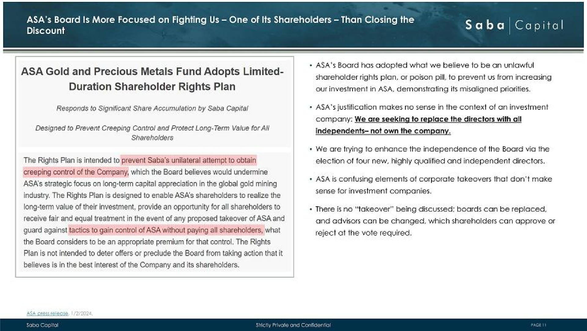 gold and precious metals fund adopts limited guard against tactics to gain control of without paying all shareholders what reject at the vote required | Saba Capital Management