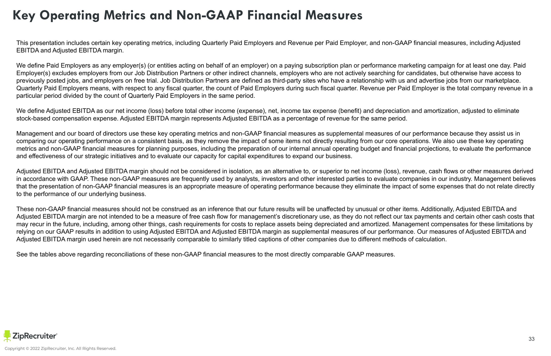 key operating metrics and non financial measures | ZipRecruiter