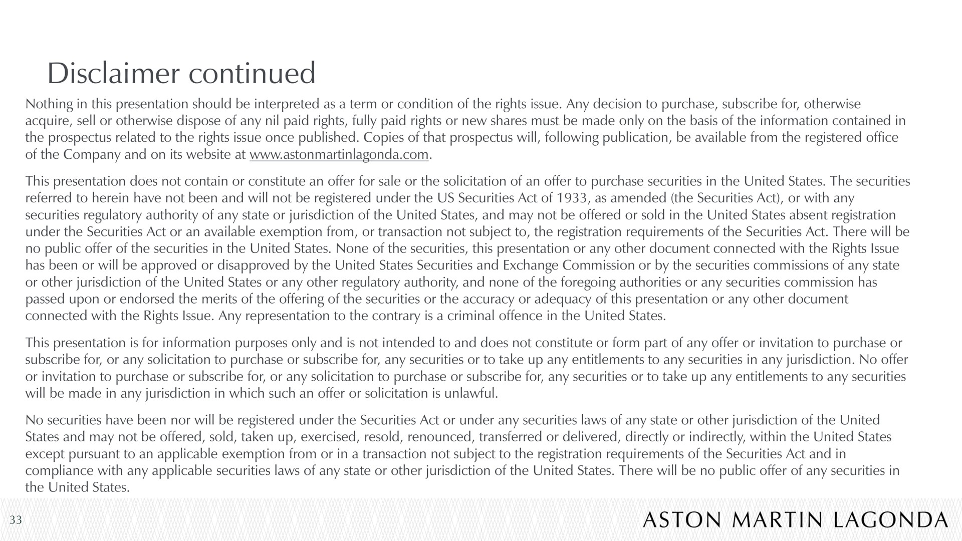 disclaimer continued | Aston Martin Lagonda