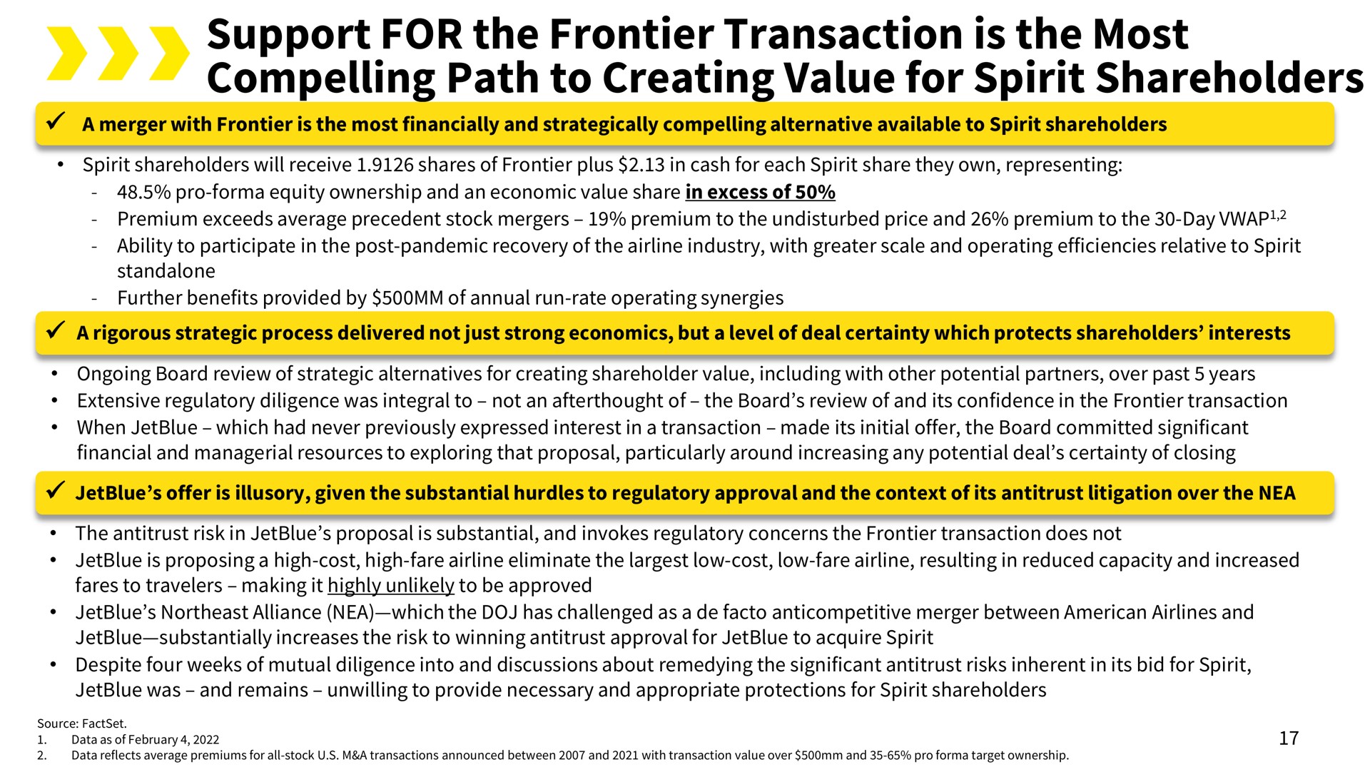 support for the frontier transaction is the most compelling path to creating value for spirit shareholders | Spirit