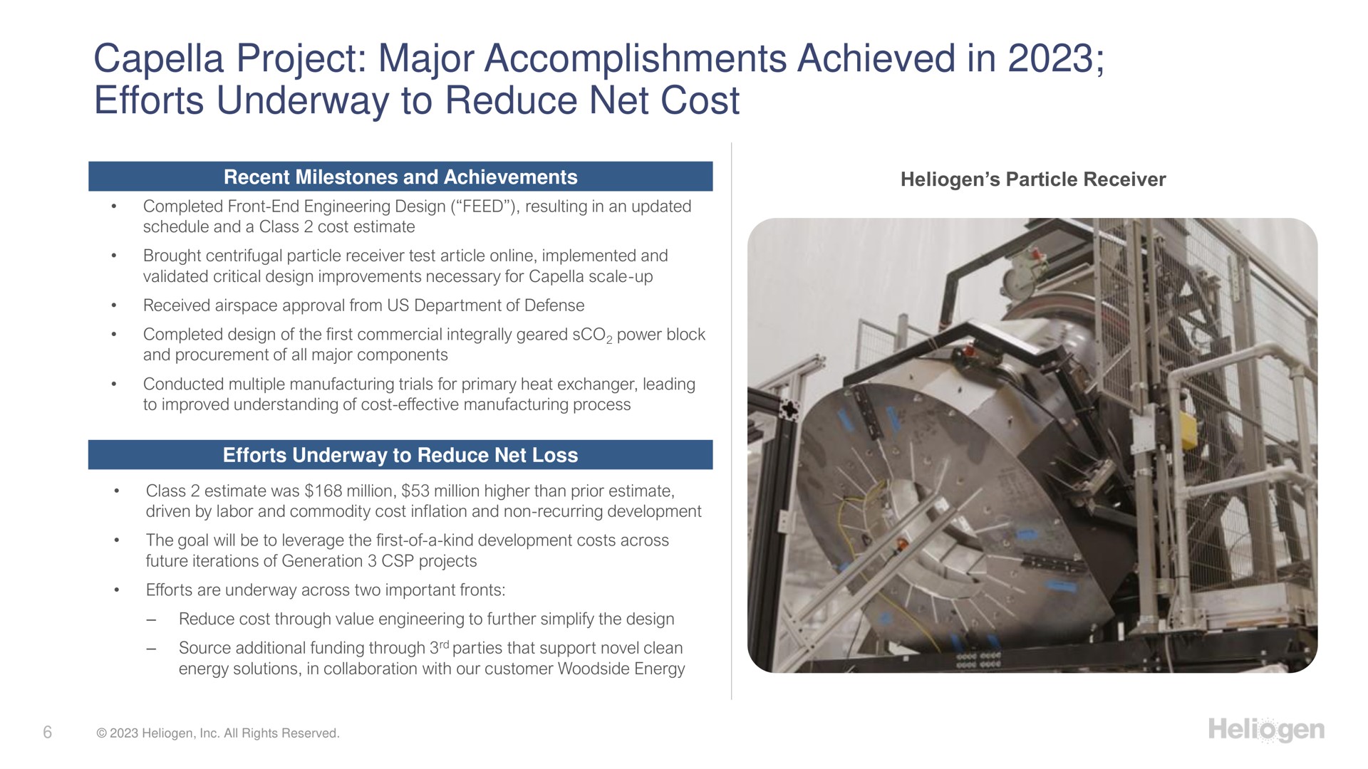 project major accomplishments achieved in efforts underway to reduce net cost | Heliogen