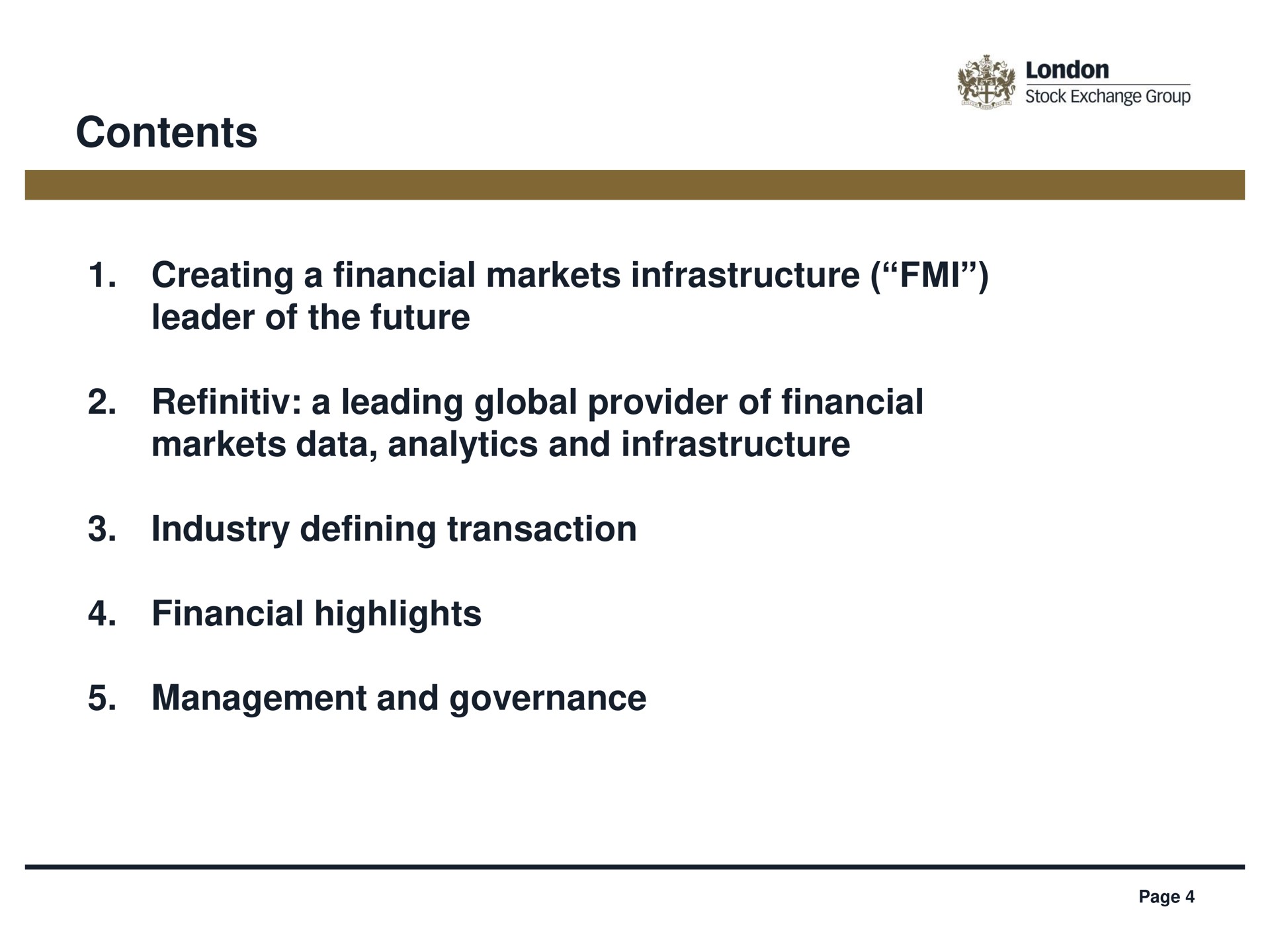 contents creating a financial markets infrastructure leader of the future a leading global provider of financial markets data analytics and infrastructure industry defining transaction financial highlights management and governance | LSE