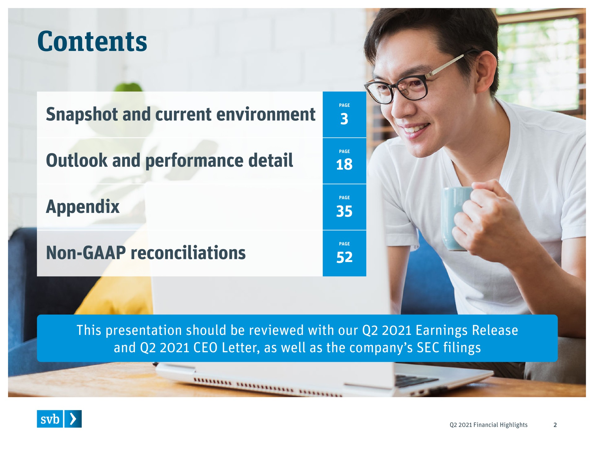 contents snapshot and current environment outlook and performance detail appendix non reconciliations this presentation should be reviewed with our earnings release and letter as well as the company sec filings | Silicon Valley Bank