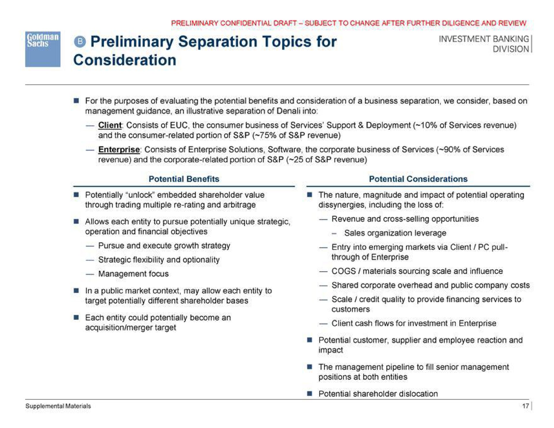 preliminary separation topics for consideration a strategic flexibility and optionality through of enterprise | Goldman Sachs