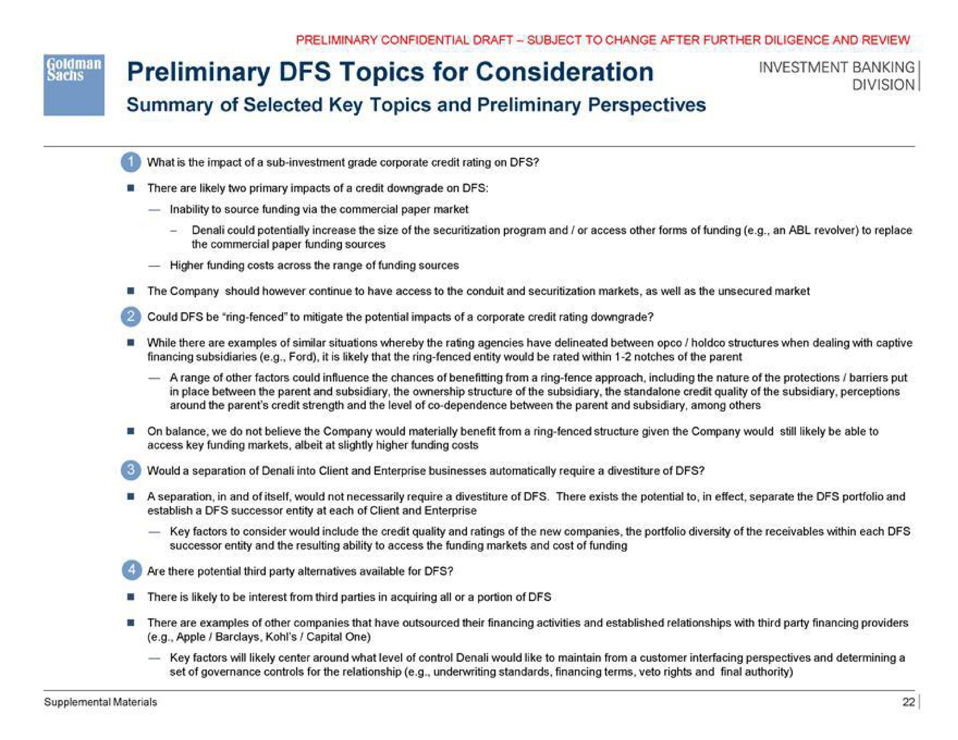 foot preliminary topics for consideration summary of selected key topics and preliminary perspectives investment banking | Goldman Sachs