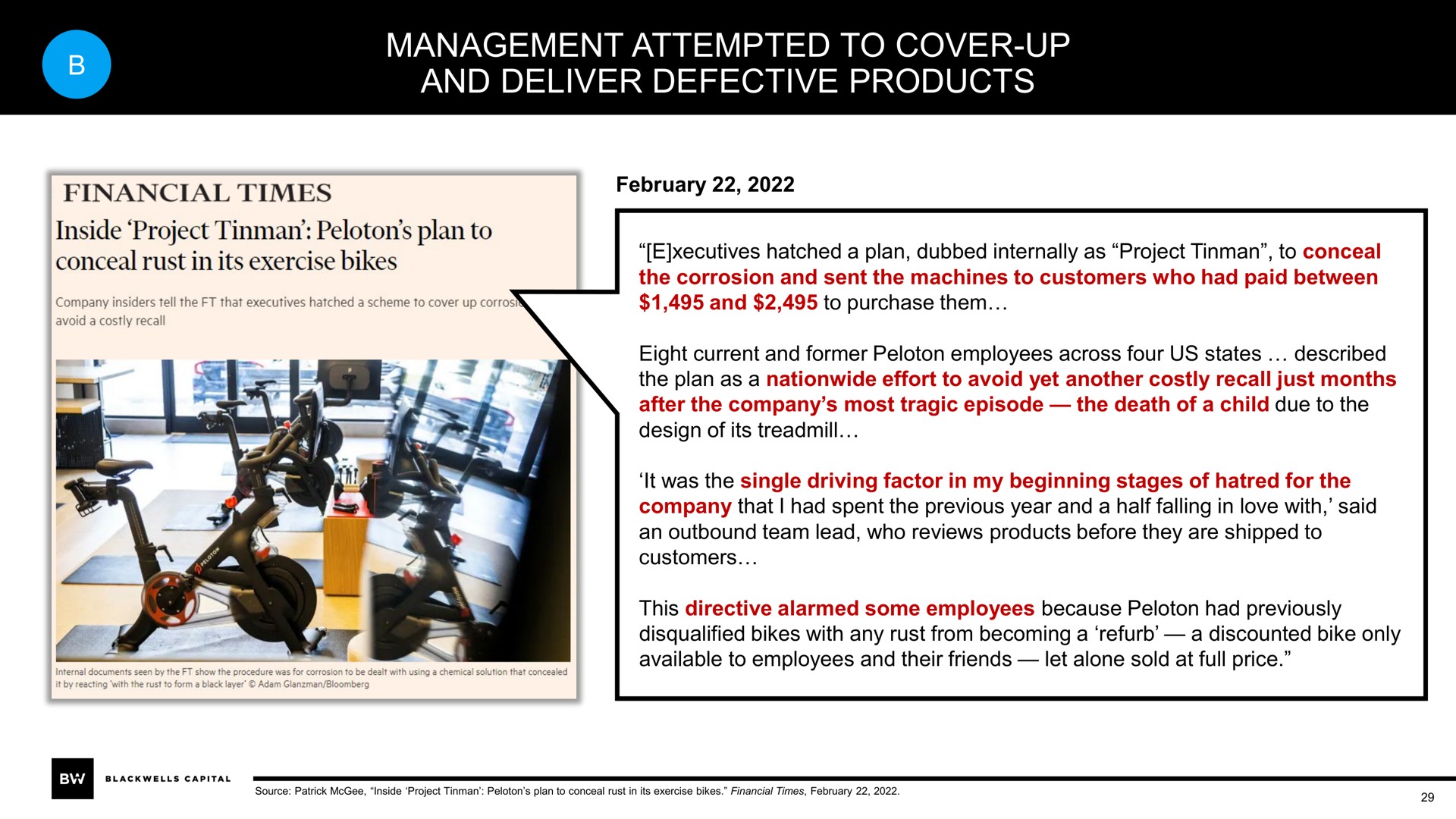 management attempted to cover up and deliver defective products | Blackwells Capital