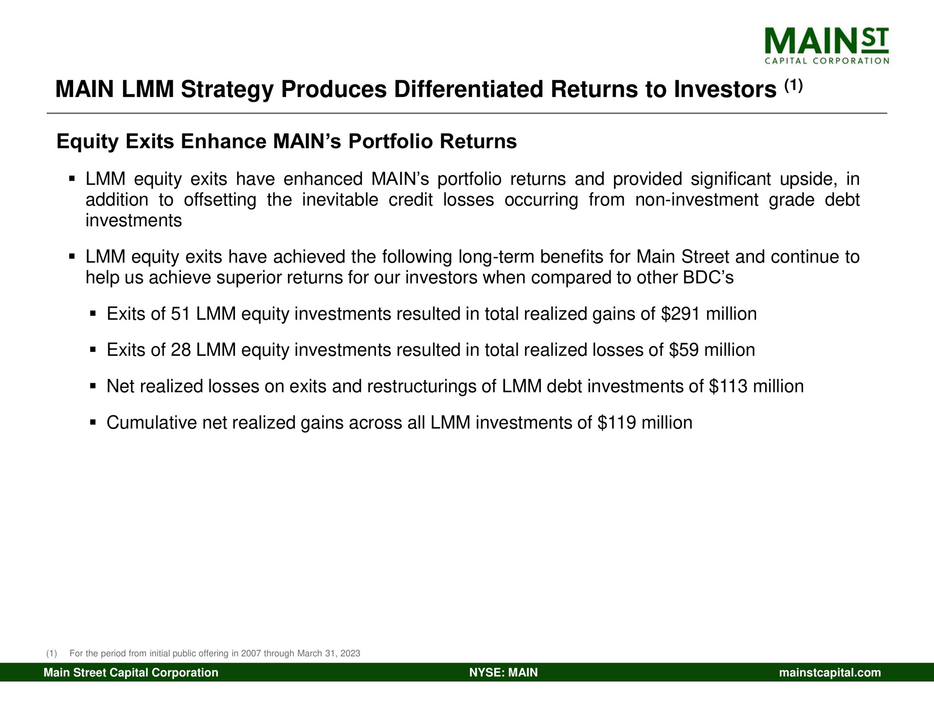 main strategy produces differentiated returns to investors equity exits enhance main portfolio returns mains | Main Street Capital