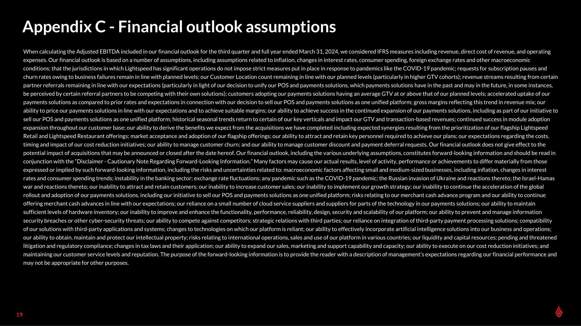 appendix financial outlook assumptions | Lightspeed