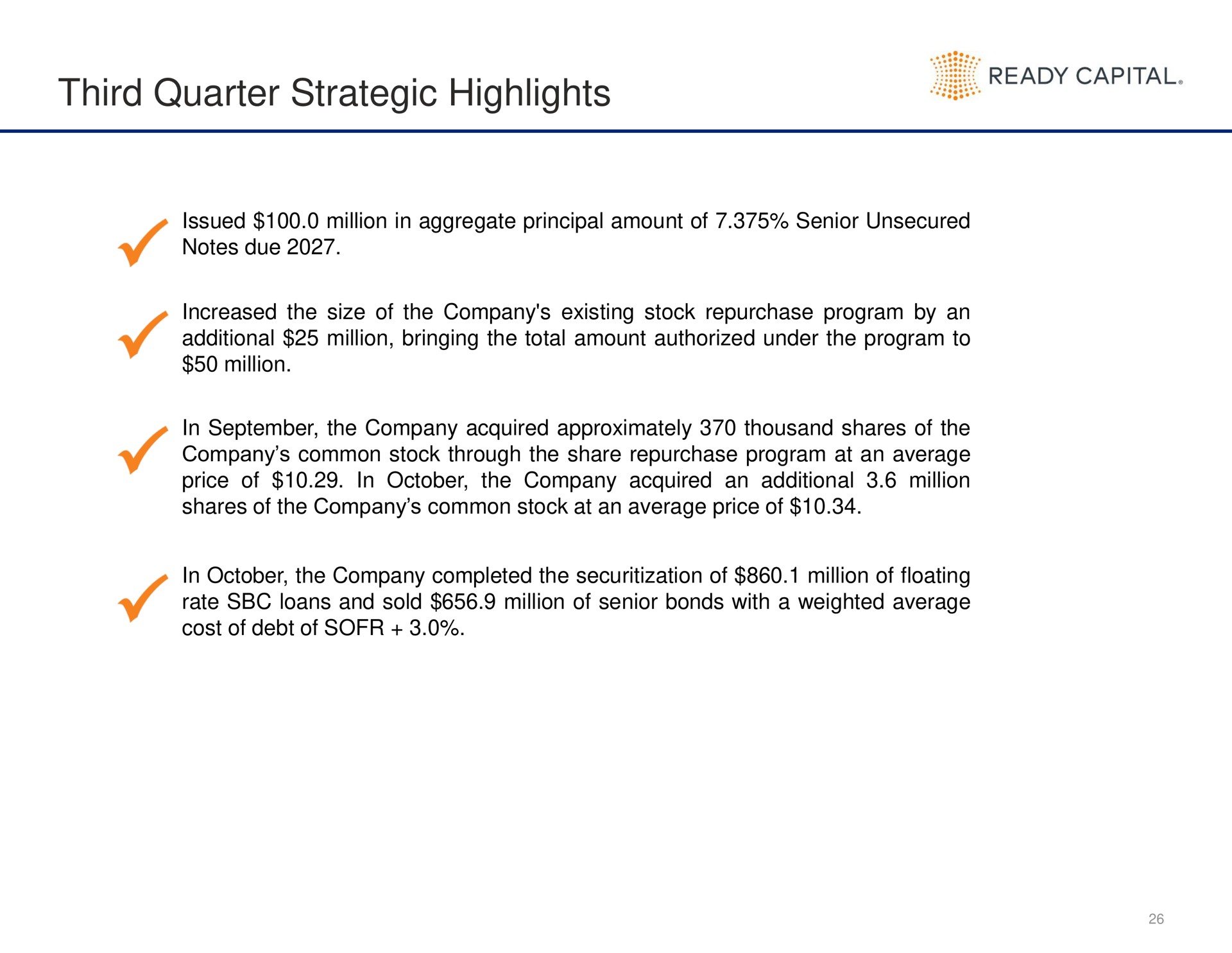 third quarter strategic highlights | Ready Capital