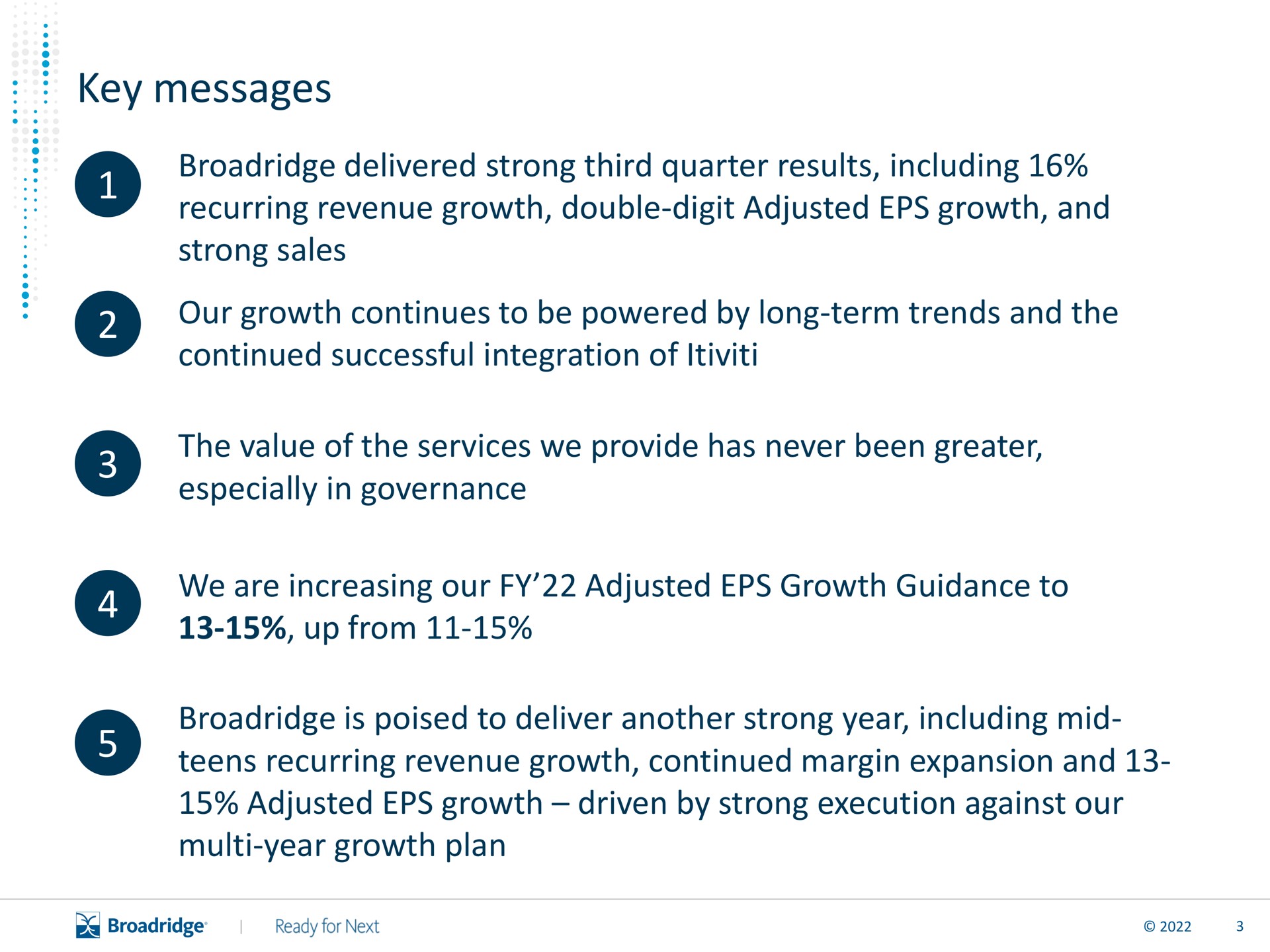 key messages delivered strong third quarter results including recurring revenue growth double digit adjusted growth and strong sales our growth continues to be powered by long term trends and the continued successful integration of the value of the services we provide has never been greater especially in governance we are increasing our adjusted growth guidance to up from is poised to deliver another strong year including mid teens recurring revenue growth continued margin expansion and adjusted growth driven by strong execution against our year growth plan | Broadridge Financial Solutions
