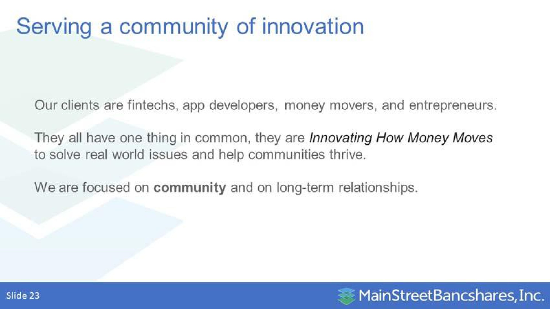 serving a community of innovation | MainStreet Bancshares
