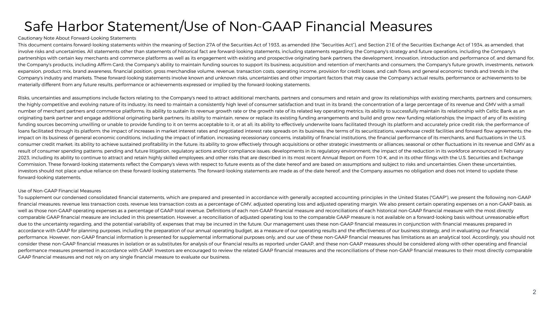 safe harbor statement use of non financial measures | Affirm