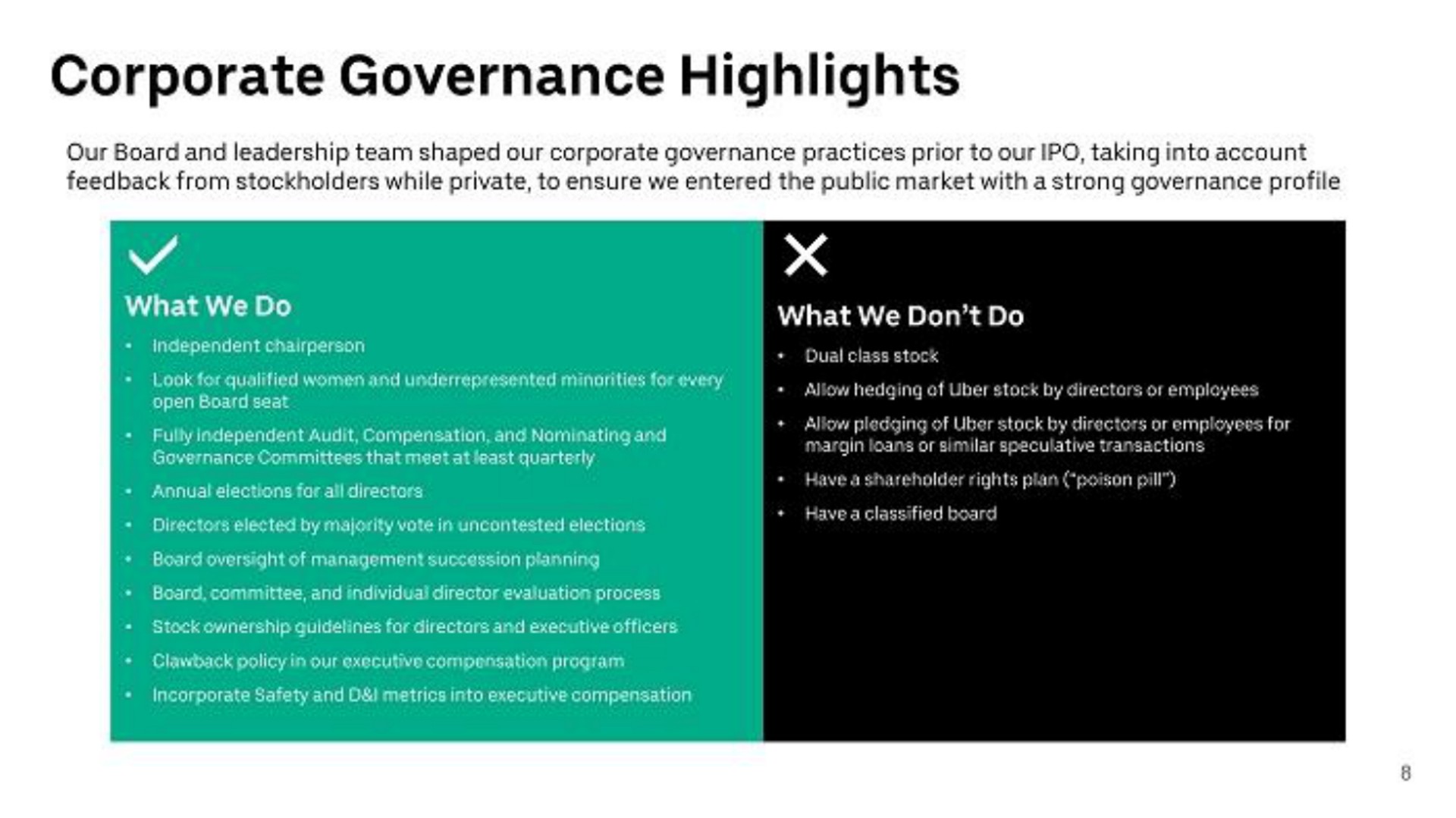 corporate governance highlights a | Uber