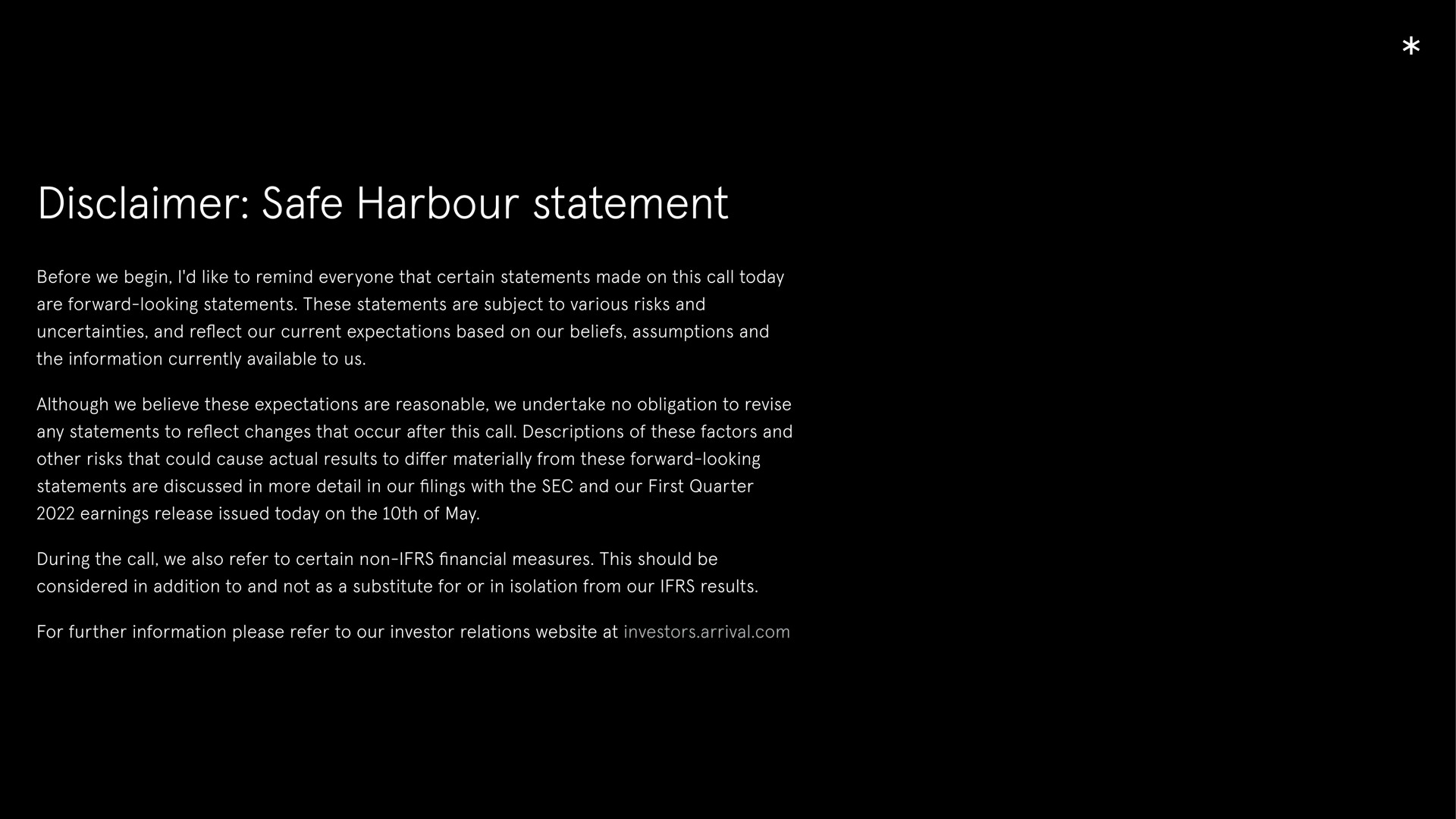 disclaimer safe harbour statement | Arrival