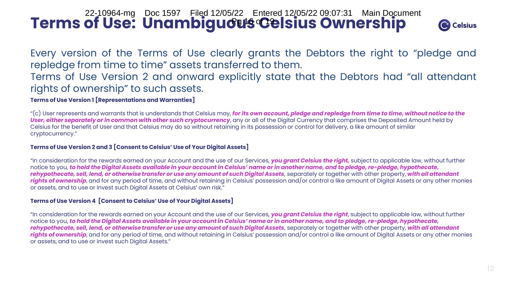 terms of use unambiguous ownership | Celsius Network