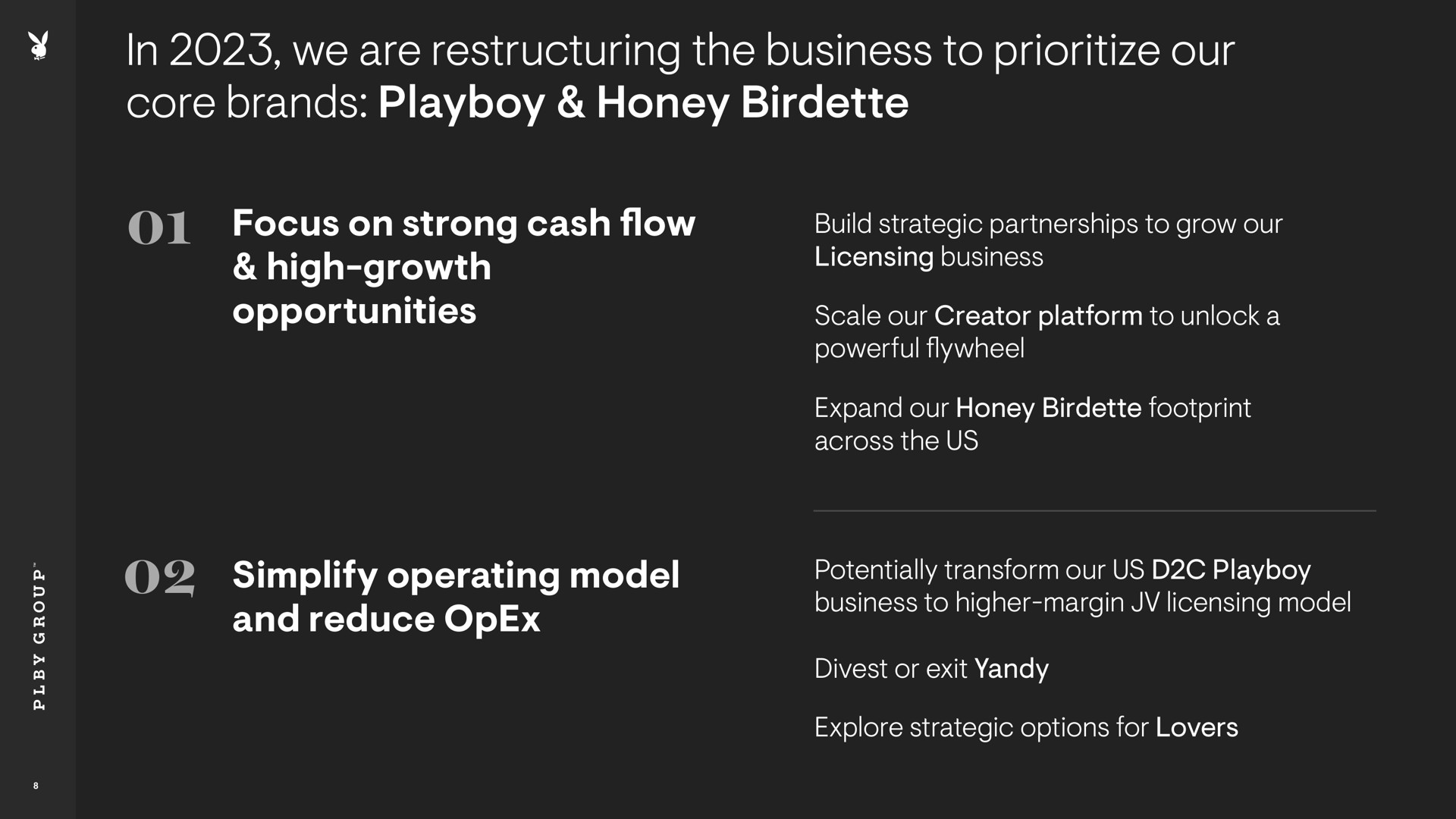 in we are the business to our core brands playboy honey focus on strong cash flow high growth opportunities simplify operating model and reduce | Playboy