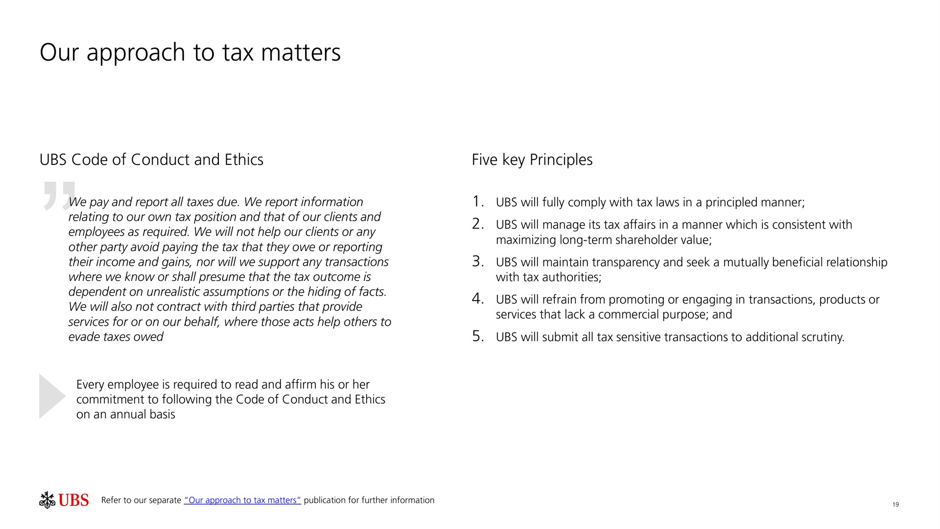 our approach to tax matters | UBS