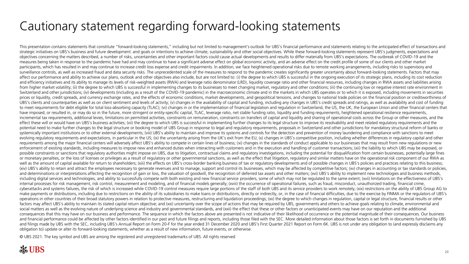 cautionary statement regarding forward looking statements | UBS