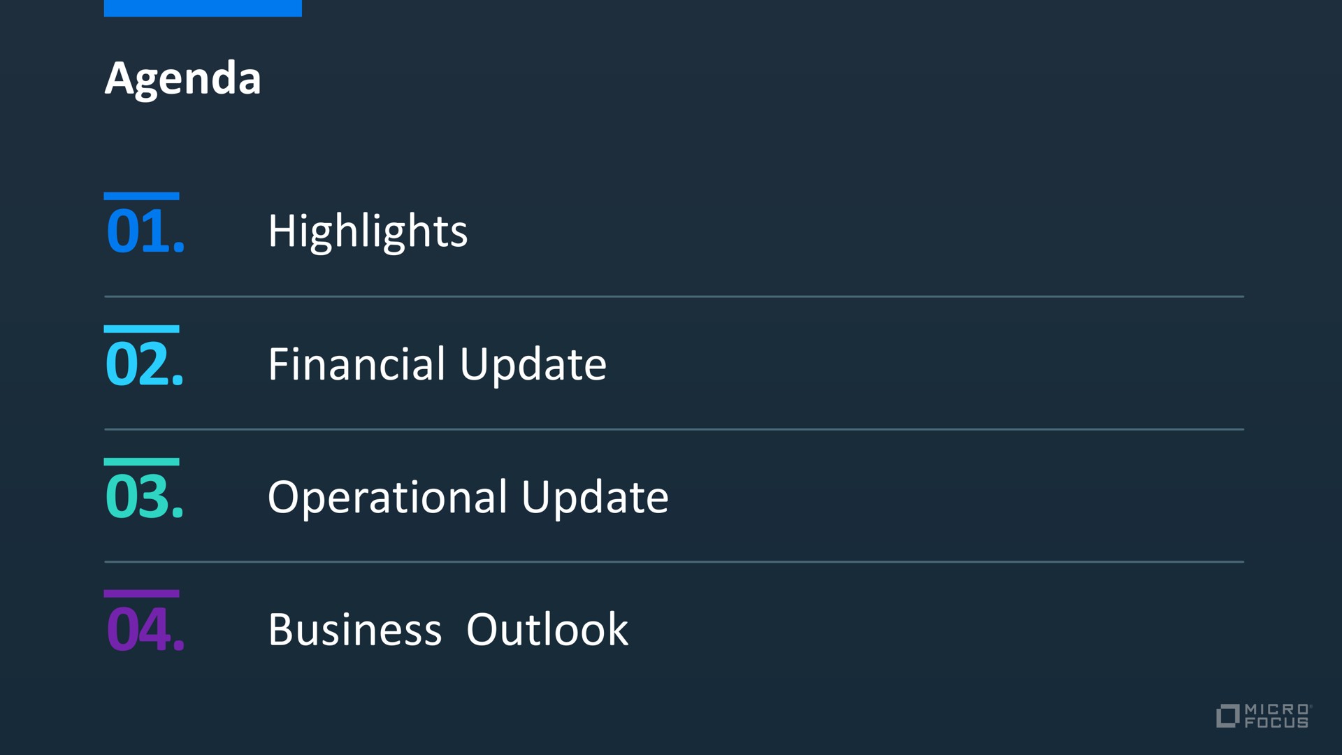 agenda highlights financial update operational update business outlook ova alae | Micro Focus