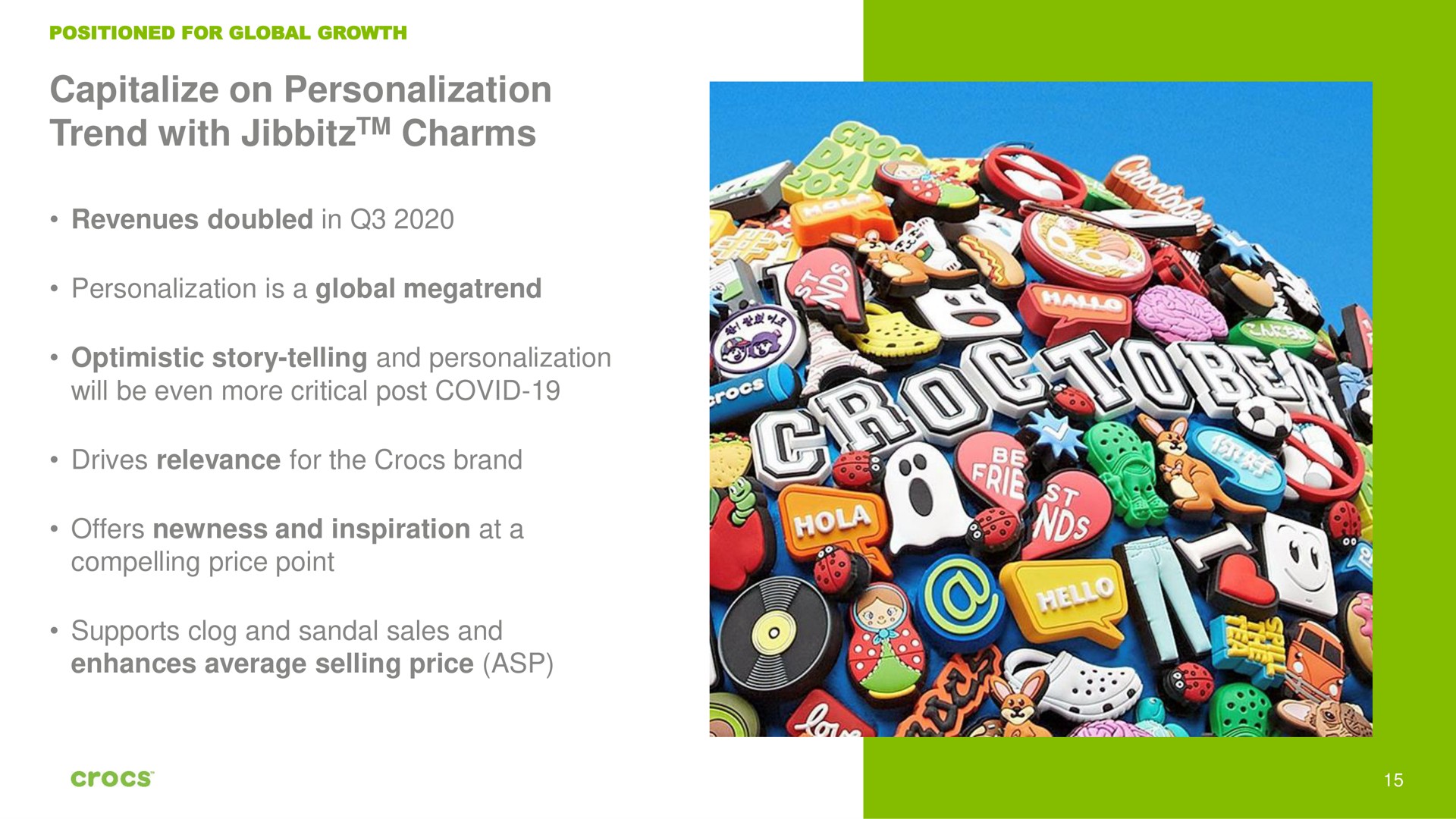 capitalize on personalization trend with charms revenues doubled in personalization is a global optimistic story telling and personalization will be even more critical post covid drives relevance for the brand offers newness and inspiration at a compelling price point supports clog and sandal sales and enhances average selling price asp | Crocs