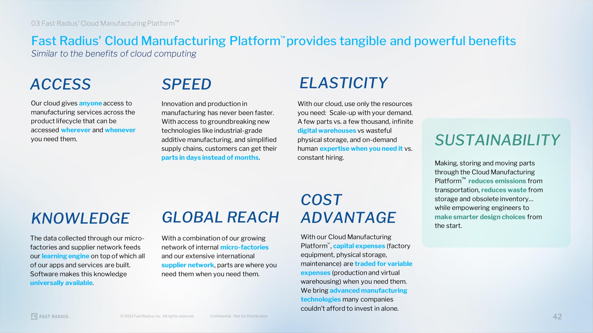 fast radius cloud manufacturing platform provides tangible and powerful benefits access speed elasticity knowledge global reach cost advantage | Fast Radius